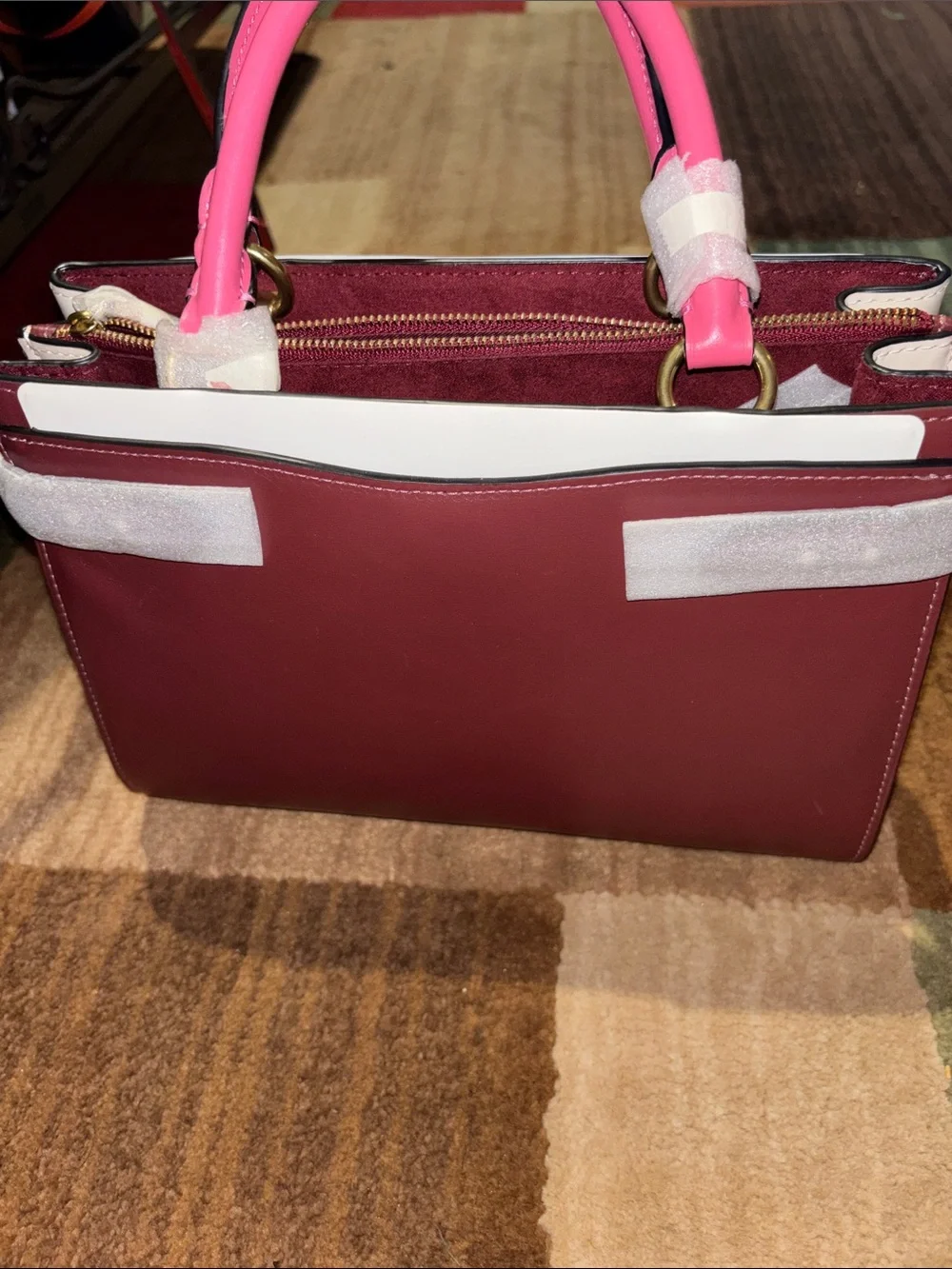 Coach Burgundy Satchel with Pink Top Handles